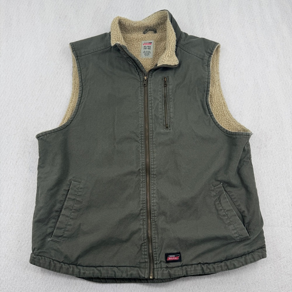 Dickies Mens XL Sherpa Lined Canvas Workwear Vest Olive Green Full Zip Workwear